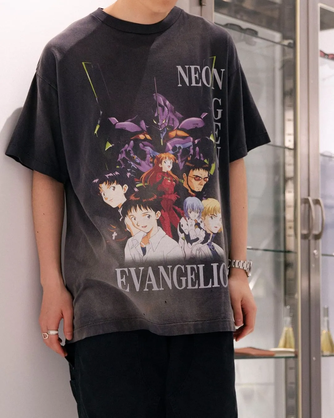 SAINT Mxxxxxx × EVANGELION NEON GNSIS TEE/BLK co-branded Neon Genesis Evangelion distressed short-sleeves, washed black S-XL, vintage NEW VINTAGE, top printing technology, garment dyeing, re-washed, distressed, correct co-branded main mark/washing mark